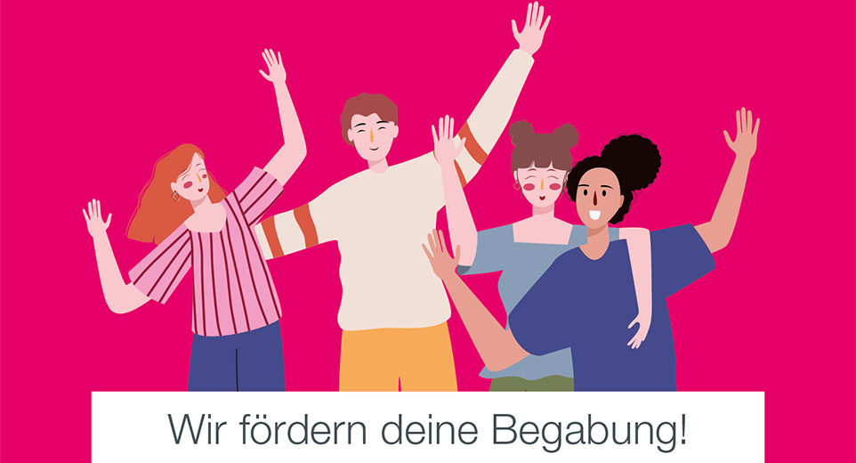 Grafische Darstellung von vier Personen. Unten der Slogan "Wir fördern deine Bewegung!".