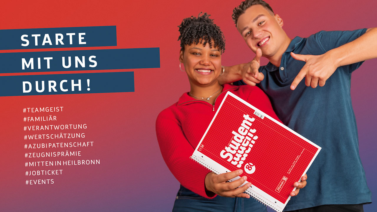 Zwei Personen halten Collageblock neben dem Slogan: "Starte mit uns durch!"
