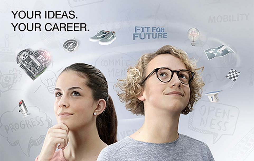 Zwei junge Personen schauen nachdenklich in die Ferne. Um sie herum schweben Symbole für Innovation, Technik und Karriere. Daneben steht der Slogan: YOUR IDEAS. YOUR CAREER.