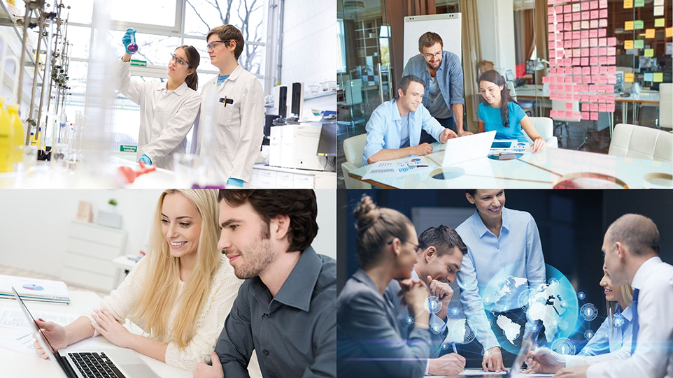 Bildmontage aus vier Bilder. Oben links: zwei Mitarbeitende im Chemielabor. Oben rechts: drei Mitarbeitende am Tisch schauen gemeinsam auf Laptop. Unten links: zwei Mitarbeitende vor Laptop. Unten rechts: mehrere Mitarbeiter in angeregter Diskussion