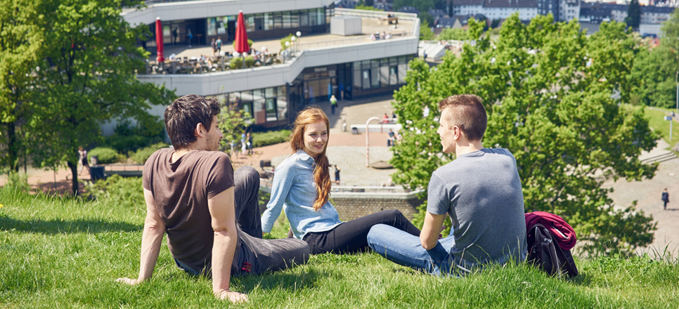 3 junge Menschen sitzen im Grünen und unterhalten sich