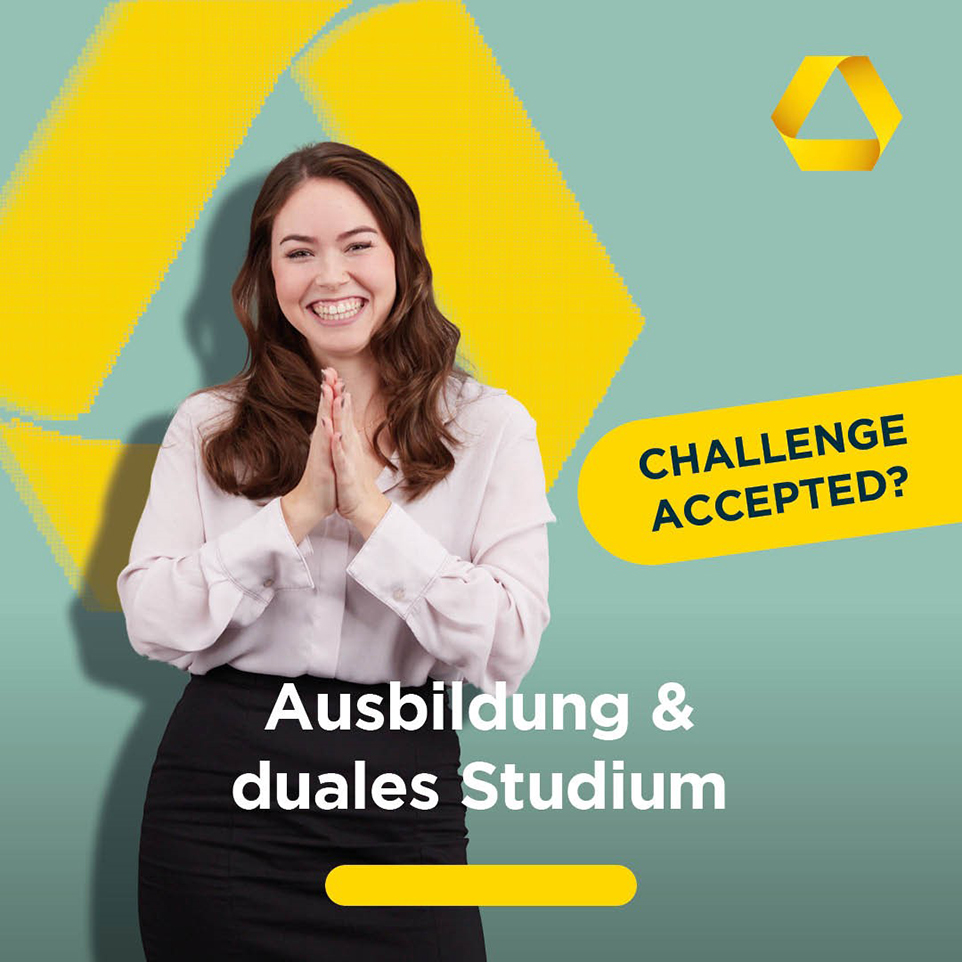 Person hält die Hände vor der Brust zusammen. Dazu der Satz "Ausbildung & duales Studium". 