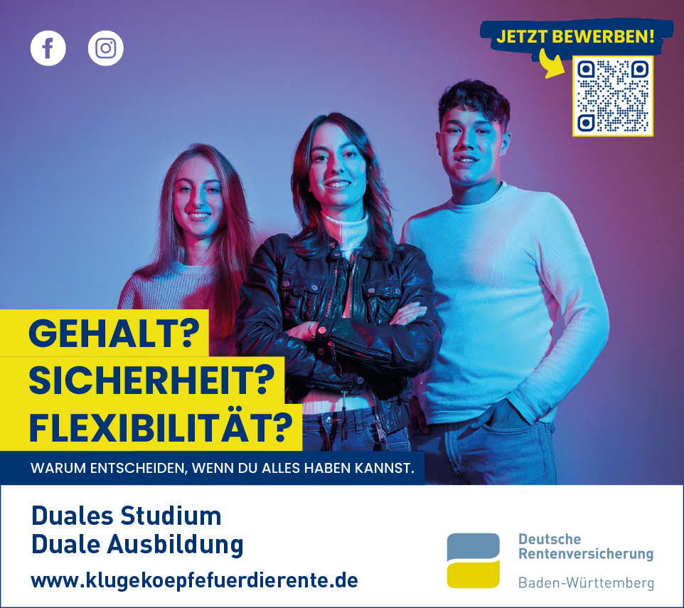 Drei Personen lächeln in die Kamera. Auf gelben Hintergrund der Slogan " GEHALT? SICHERHEIT? FLEXIBILITÄT? WARUM ENTSCHEIDEN WENN DU ALLES HABEN KANNST."