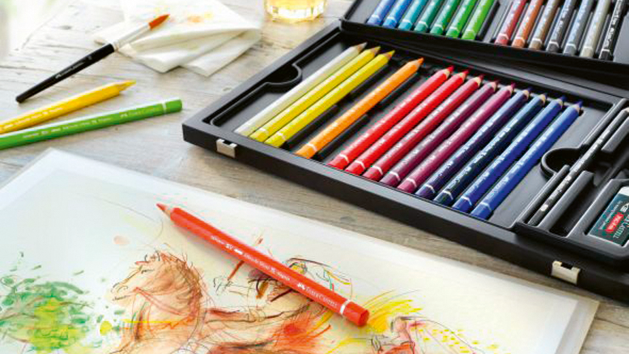 Buntstiftzeichnung und Stiftekasten von Faber-Castell