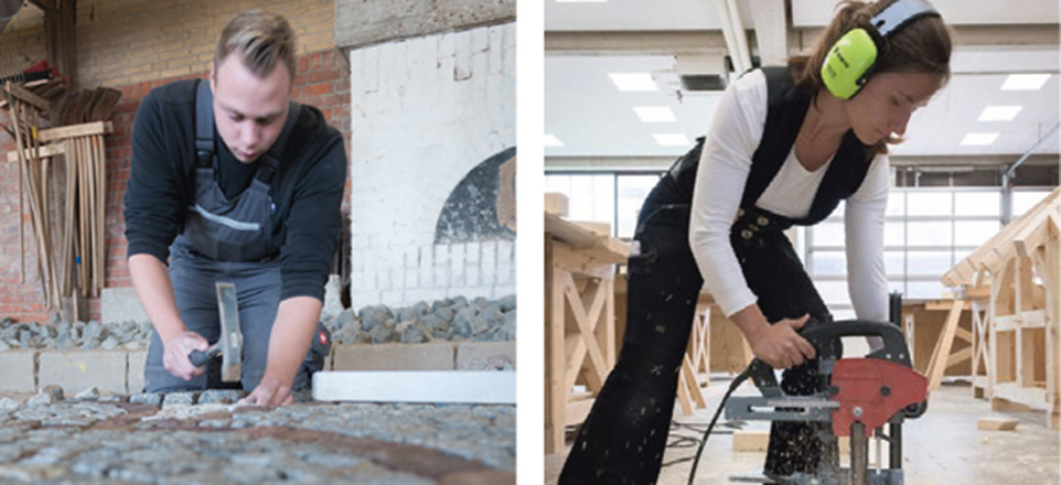 Collage aus zwei Bilder. Sie zeigen Personen beim ausüben handwerklicher Berufe.