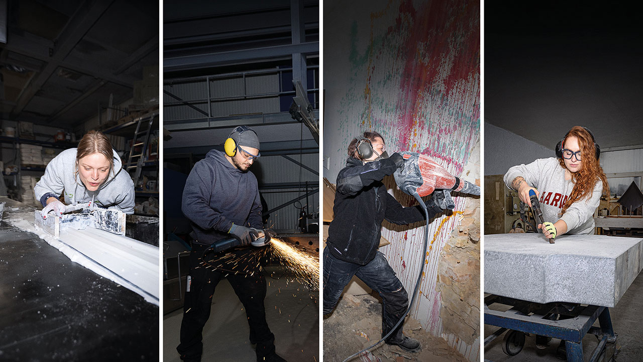 Collage aus vier Bilder. Auf ihnen sind Personen zu sehen die handwerklich arbeiten, schleifen, stemmen, flexen, meißeln.

