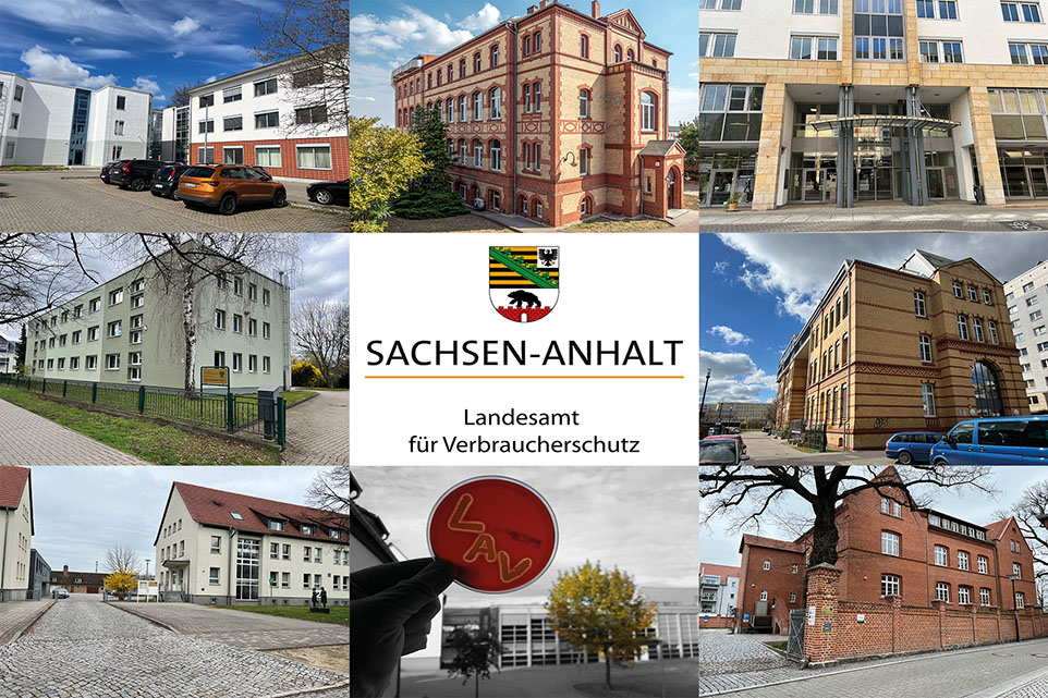 Bildcollage aus Logo Landesamt für Verbraucherschutz in der Mitte und Gebäuden darum
