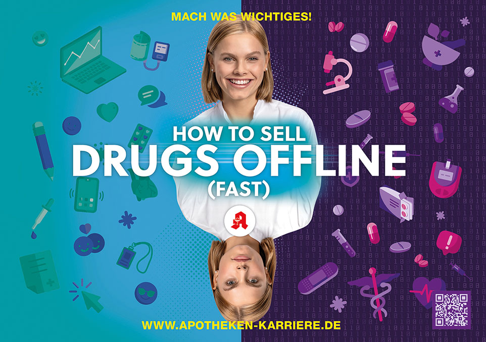 Zweigeteiltes Bild in türkis und lila. Mittig ist eine Person, die in der horizontalen gespiegelt wird und der Slogan "HOW TO SELL DRUGS OFFLINE (FAST)"