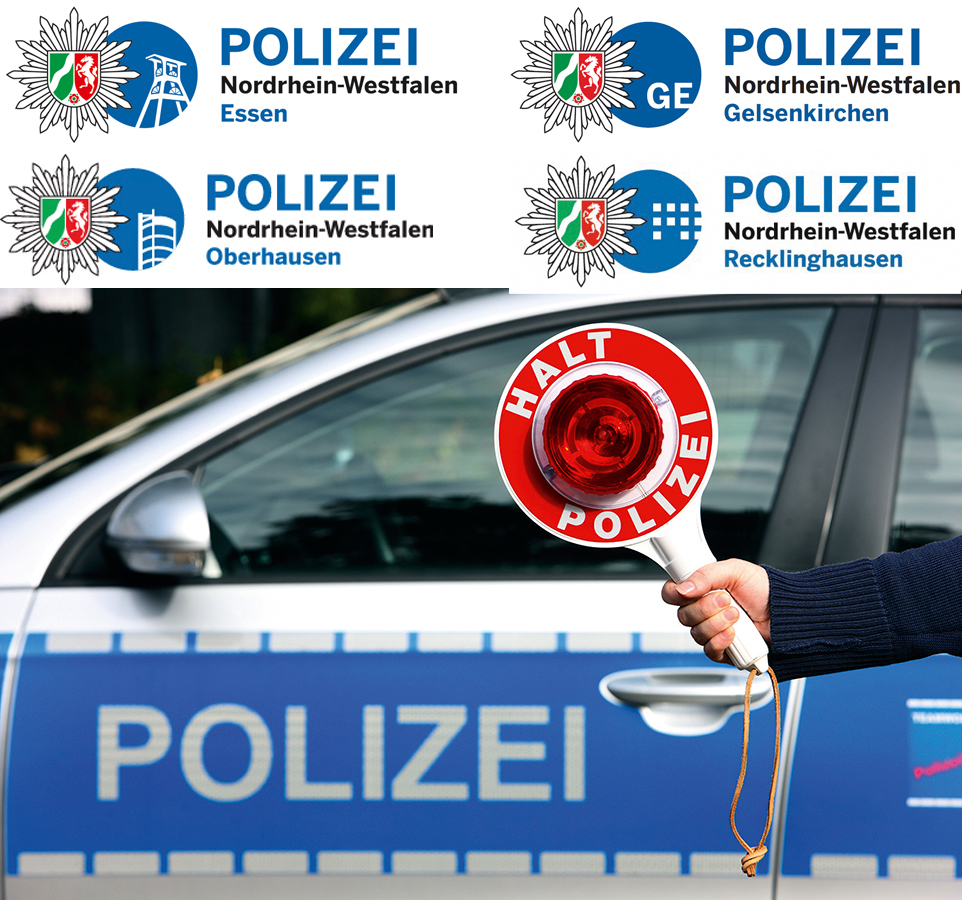 Logos der Polizei NRW, darunter eine Polizeikelle vor einem Einsatzwagen