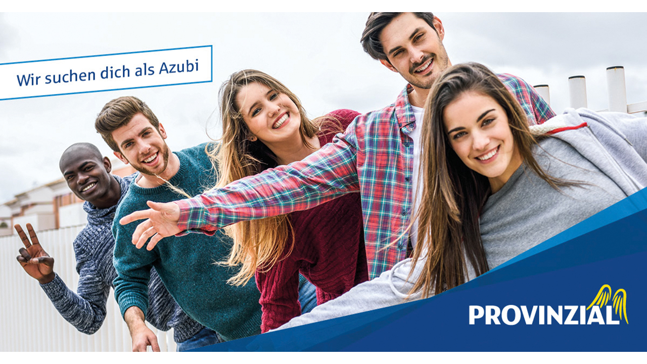 Kampagnenbild mit Logo und fünf jungen lächelnden Menschen, Bildauschrift: Wir suchen dich als Azubi