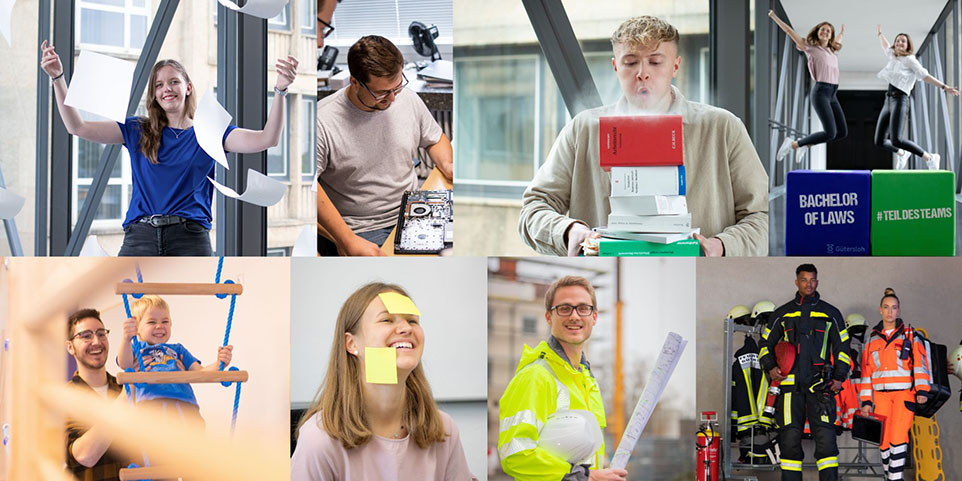 Collage aus acht Bildern. Es zeigt verschiedene Berufsrichtungen.