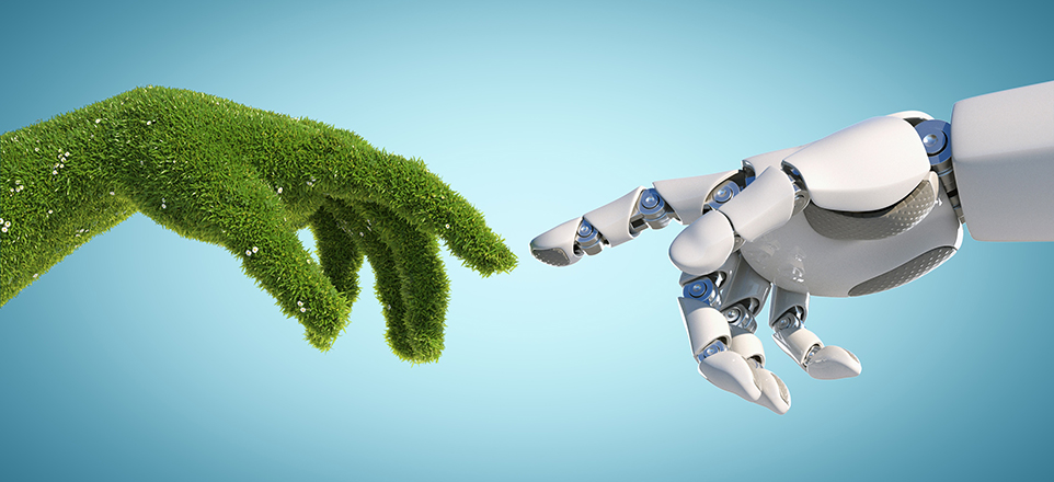 Grafik: Zeigefinger einer grün bewachsenen Hand berührt Zeigefinger einer Roboterhand