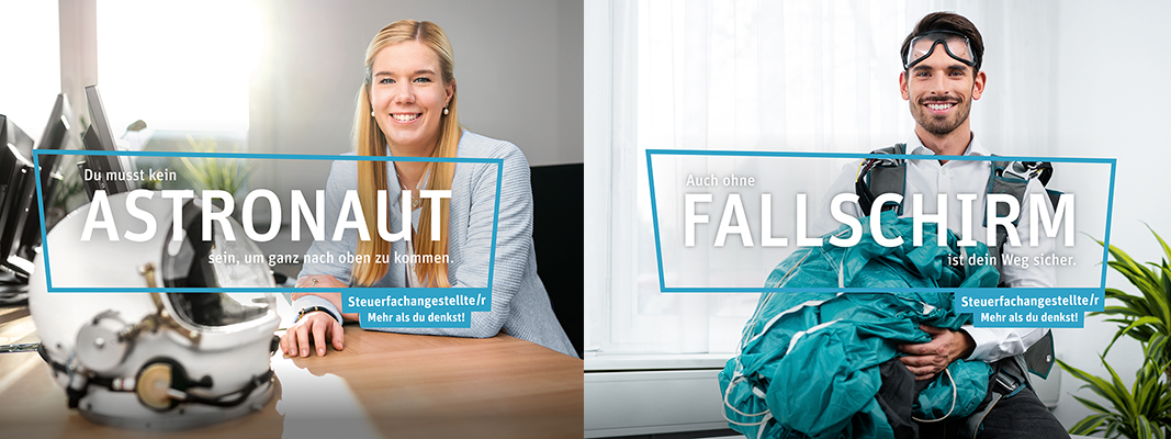 Bildcollage: links ist eine Person zu sehen und über ihre der Schriftzug "ASTRONAUT", auf der rechten Bildseite sieht man eine Person mit dem Spruch "FALLSCHIRM".
