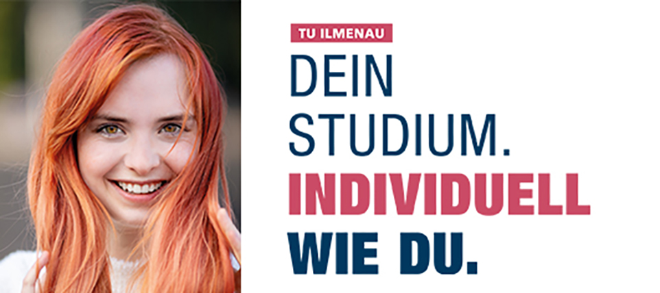 Porträt von junger Frau mit roten Haaren daneben der Slogan TU Ilmenau Dein Studium individuell wie du.