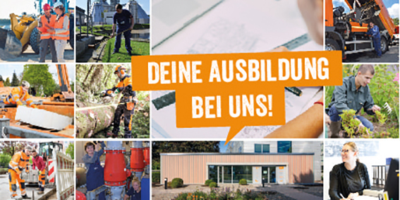 Bildcollage von Auszubildenden in verschiedenen Bereichen, Bildaufschrift: Deine Ausbildung bei uns!