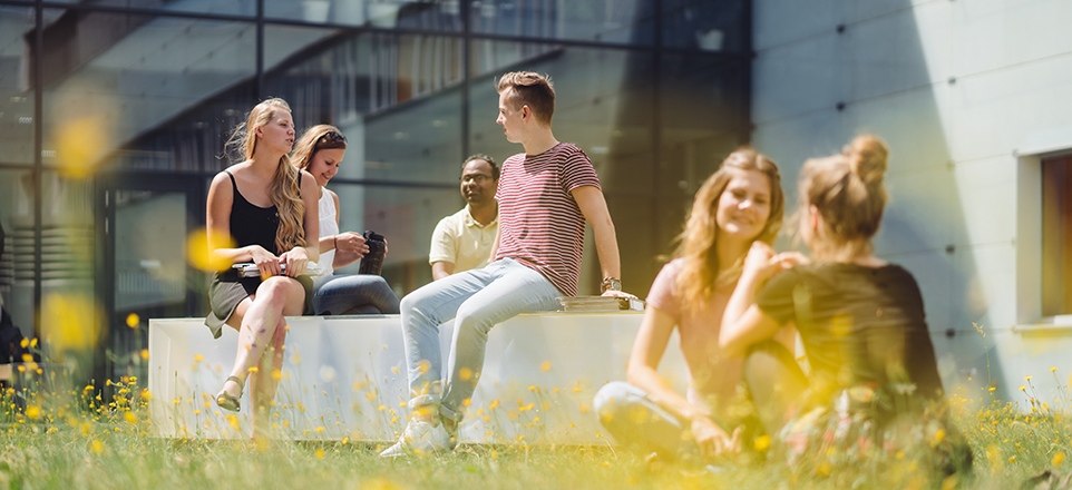 Personen sitzen im Grünen vor Universitätsgebäude. 
